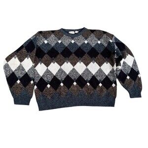 Vtg Windridge Grandpa acrylic Argyle Cozy Chunky Sweater, Brown Blue Cream XXL